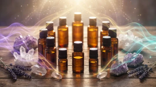 Composizione artistica di boccette di oli essenziali circondate da aura energetica luminosa