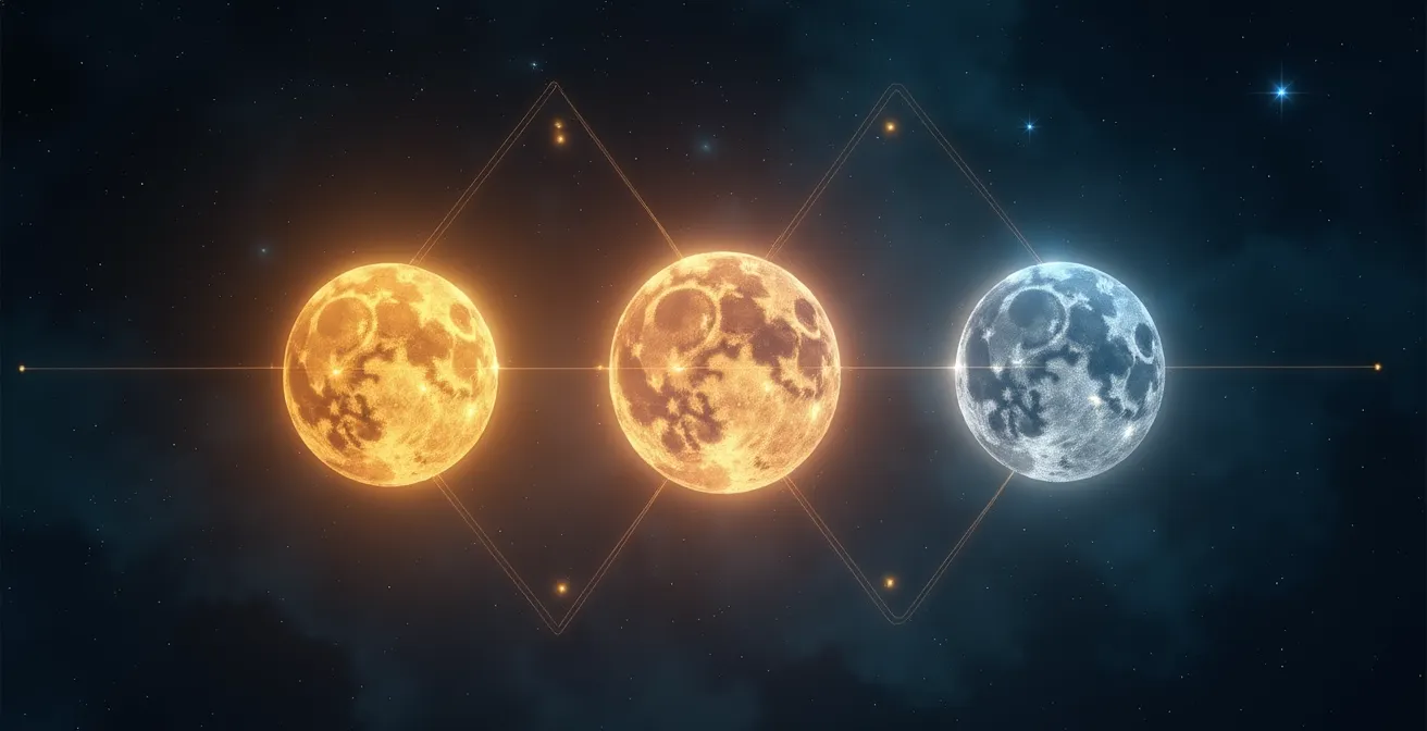 Tre sfere luminose interconnesse che rappresentano Sole Luna e Ascendente in un cielo stellato