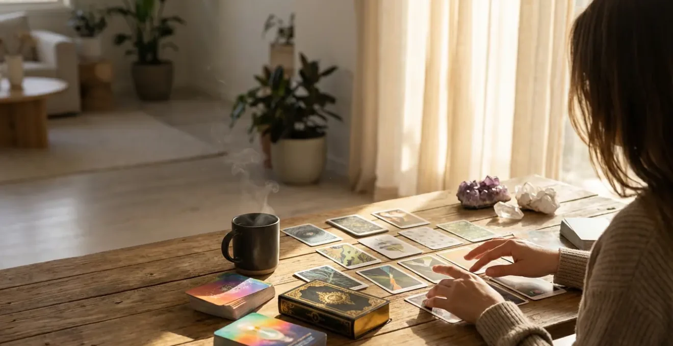 Mani femminili tengono carte oracolo illuminate dalla luce del mattino con cristalli e candele intorno