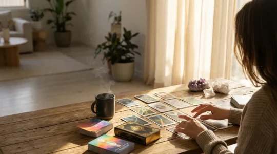 Mani femminili tengono carte oracolo illuminate dalla luce del mattino con cristalli e candele intorno