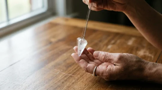 Mani che tengono un pendolo di cristallo sopra una superficie di legno naturale con luce dorata