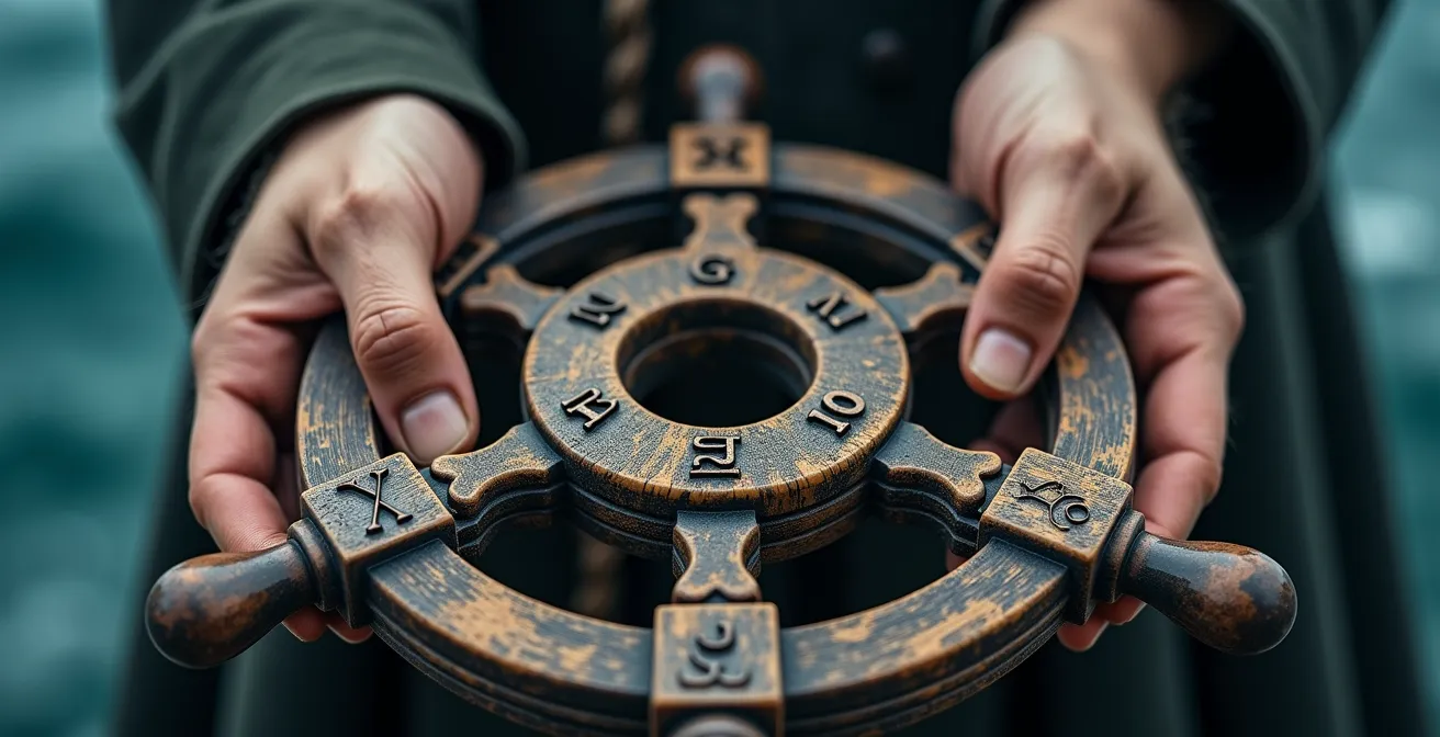 Mano che regge un antico timone di nave con simboli planetari incisi sul legno