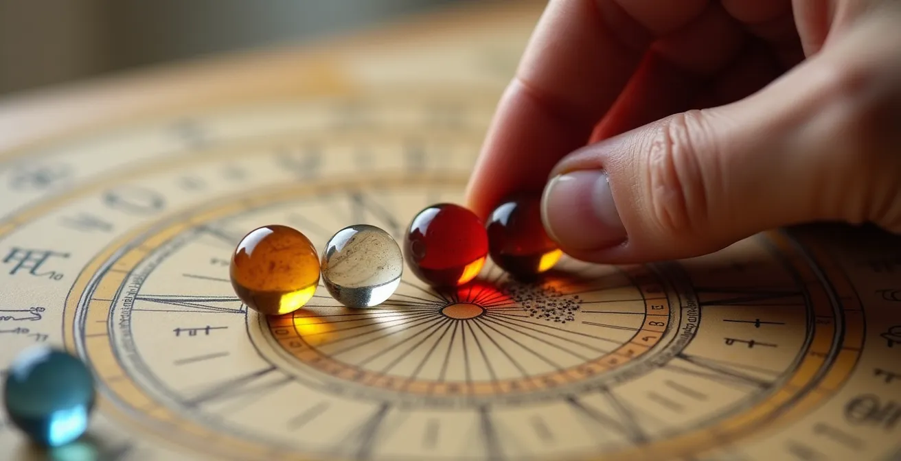 Mano che posiziona cristalli colorati su una carta natale circolare con le dodici case