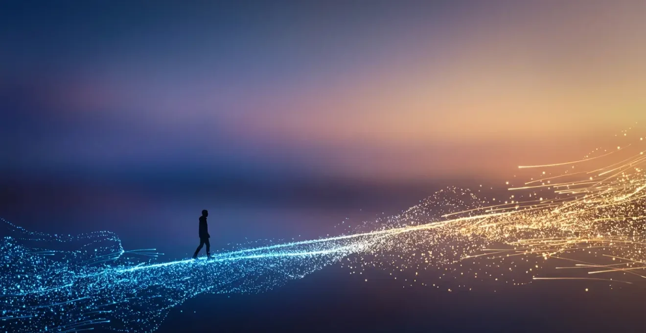 Persona che attraversa un ponte luminoso tra emozioni neutrali e positive