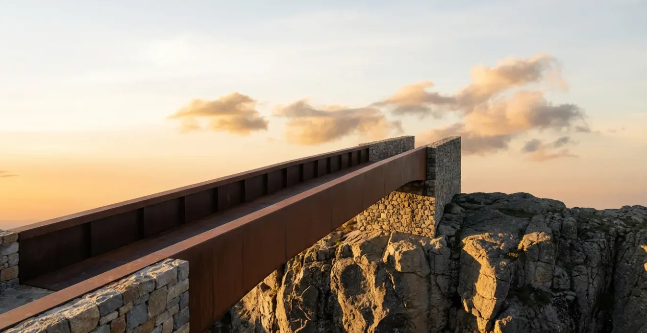 Un ponte architettonico che collega il mondo spirituale aereo con la terra solida, simboleggiando il processo di manifestazione del numero 22