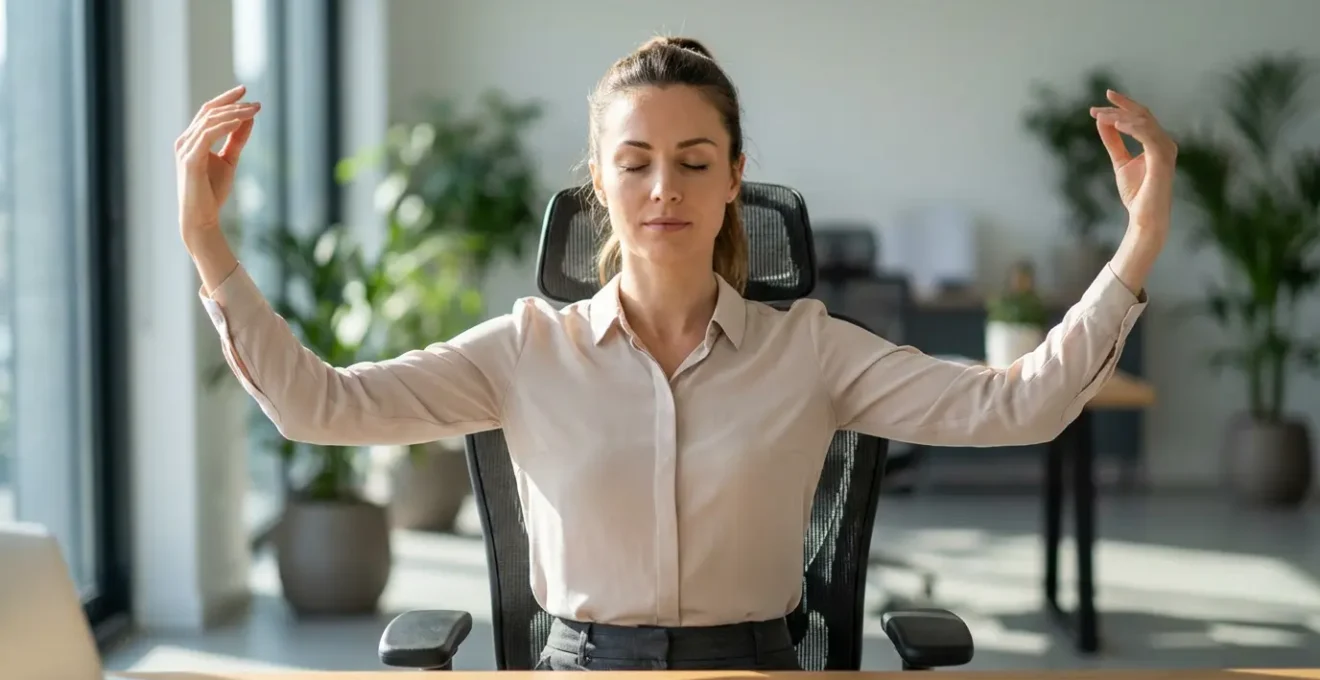 Persona che pratica la postura dell'albero seduta alla scrivania