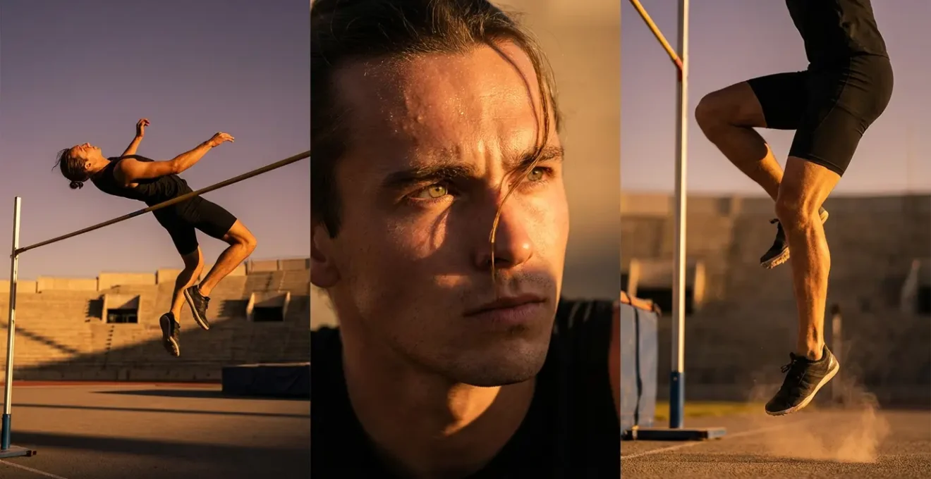 Atleta ripreso da tre angolazioni diverse durante un salto atletico