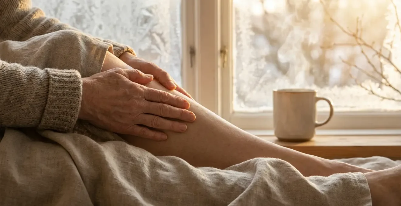 Mani esperte che stimolano il punto ST36 Zusanli sulla gamba per rafforzare le difese immunitarie durante l'inverno