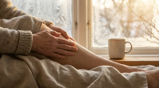 Mani esperte che stimolano il punto ST36 Zusanli sulla gamba per rafforzare le difese immunitarie durante l'inverno