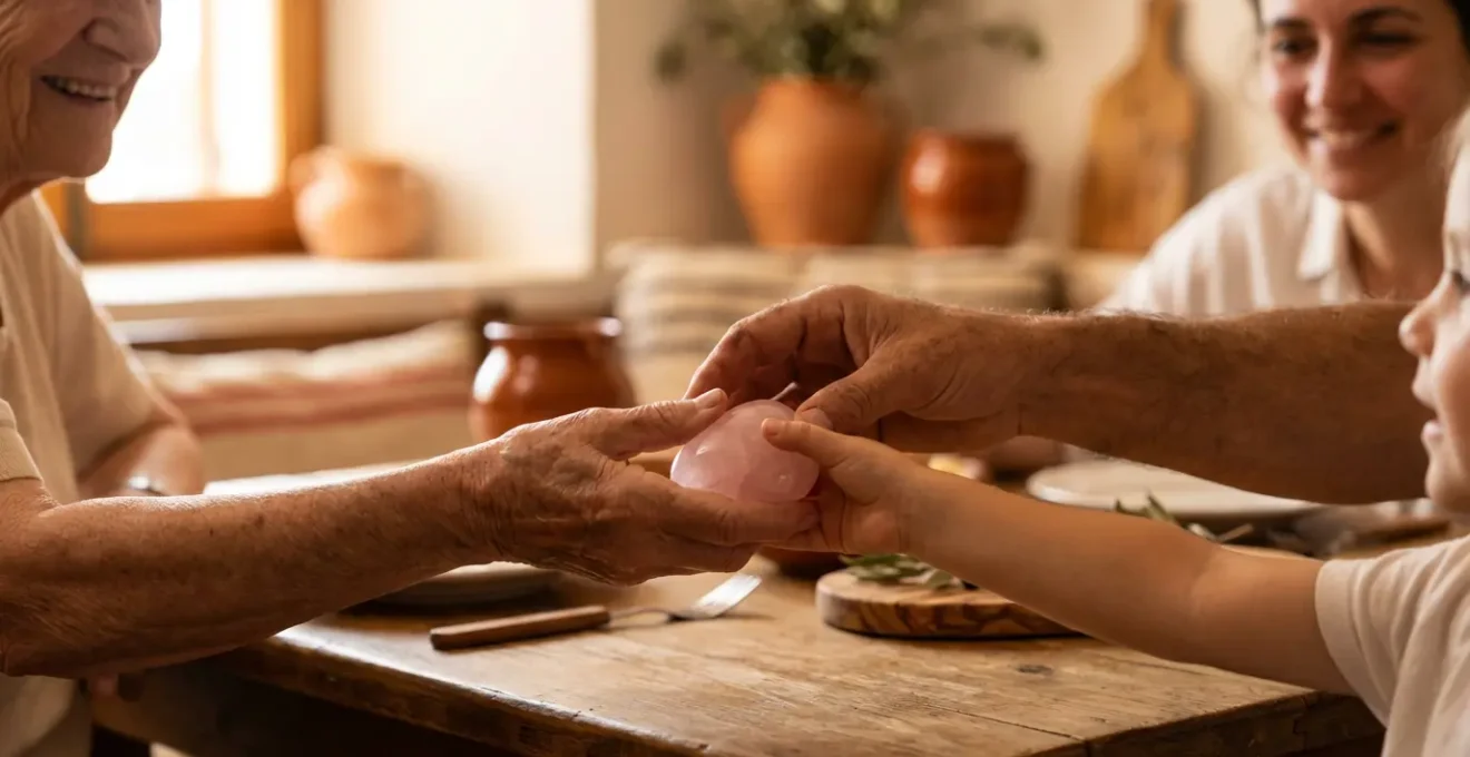 Famiglia riunita intorno al tavolo con cristallo di quarzo rosa come testimone della parola
