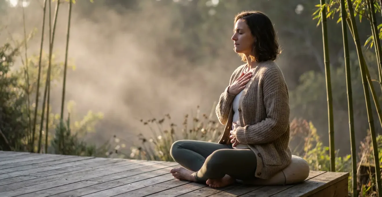 Persona in meditazione che pratica la respirazione consapevole in un ambiente naturale sereno