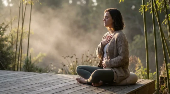 Persona in meditazione che pratica la respirazione consapevole in un ambiente naturale sereno
