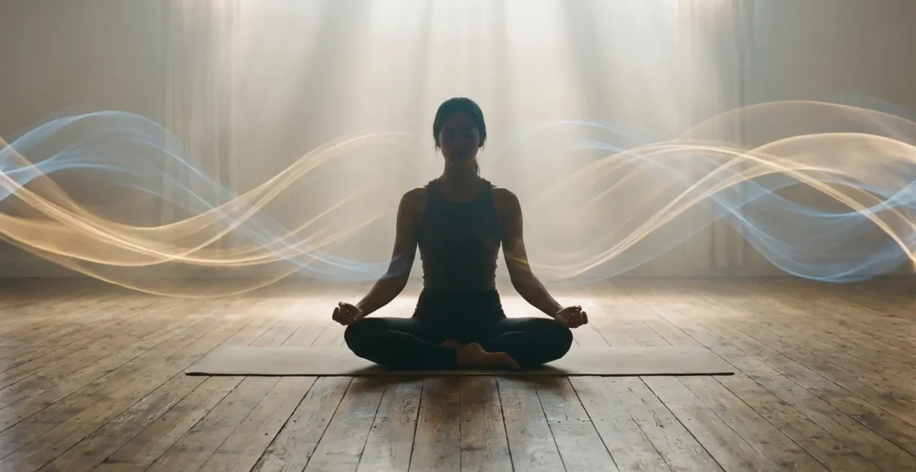 Persona in meditazione circondata da energia luminosa in movimento