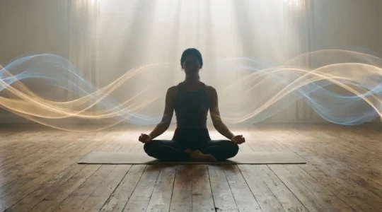 Persona in meditazione circondata da energia luminosa in movimento