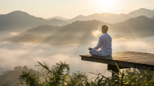 Persona in meditazione immersa nella natura che attiva la propria energia vitale