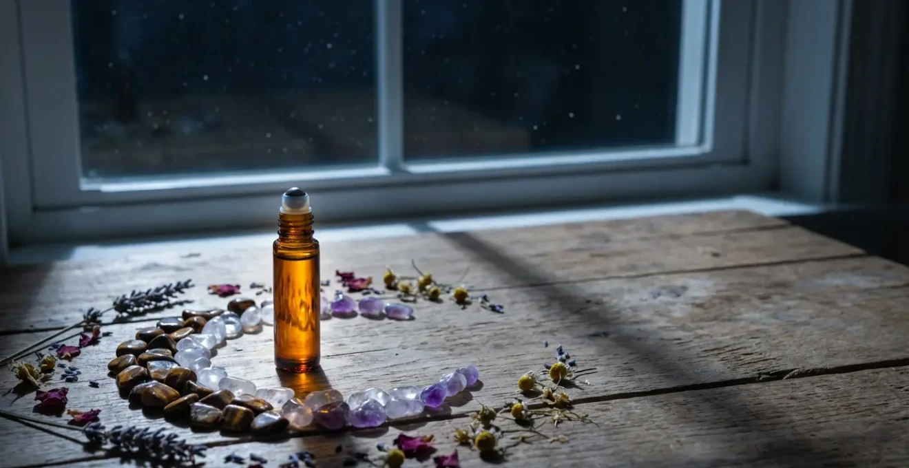 Roll-on di oli essenziali circondato da cristalli sotto la luce lunare