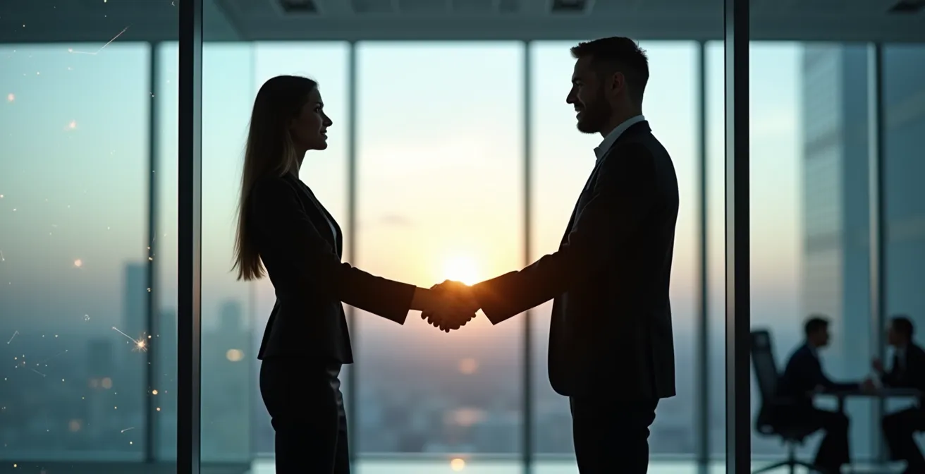 Metafora visiva delle partnership astrologiche nella settima casa, con due figure professionali che si stringono la mano.