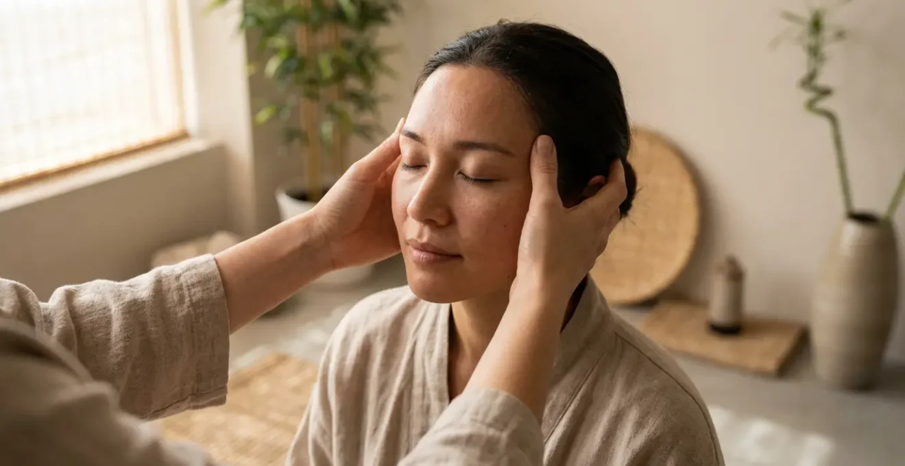 Mani che praticano shiatsu per alleviare il mal di testa attraverso punti di pressione specifici