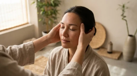 Mani che praticano shiatsu per alleviare il mal di testa attraverso punti di pressione specifici