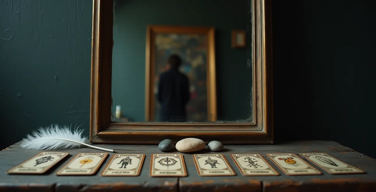 Riflesso sfocato di un volto in uno specchio antico con carte disposte davanti