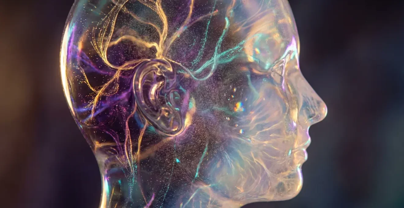 Rappresentazione artistica del sistema limbico umano con flussi energetici colorati