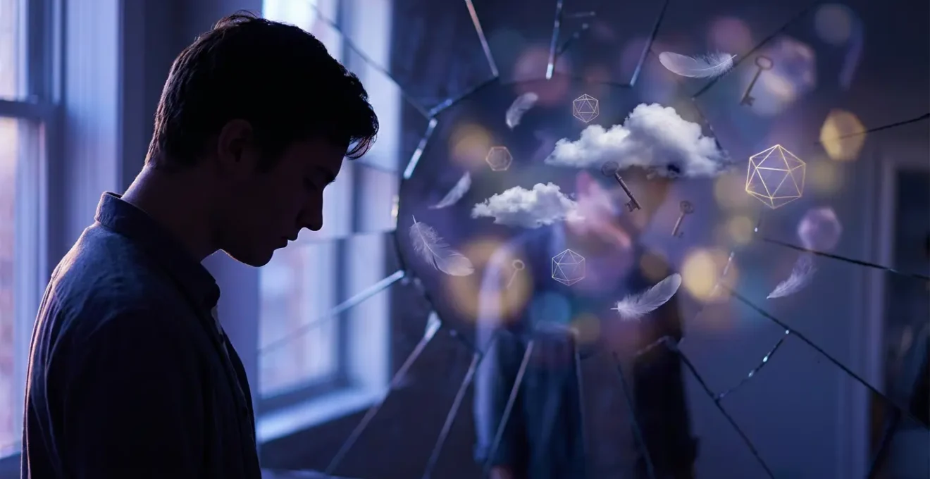 Persona che riflette di fronte a specchio frammentato con simboli onirici fluttuanti