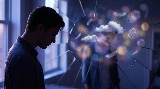 Persona che riflette di fronte a specchio frammentato con simboli onirici fluttuanti