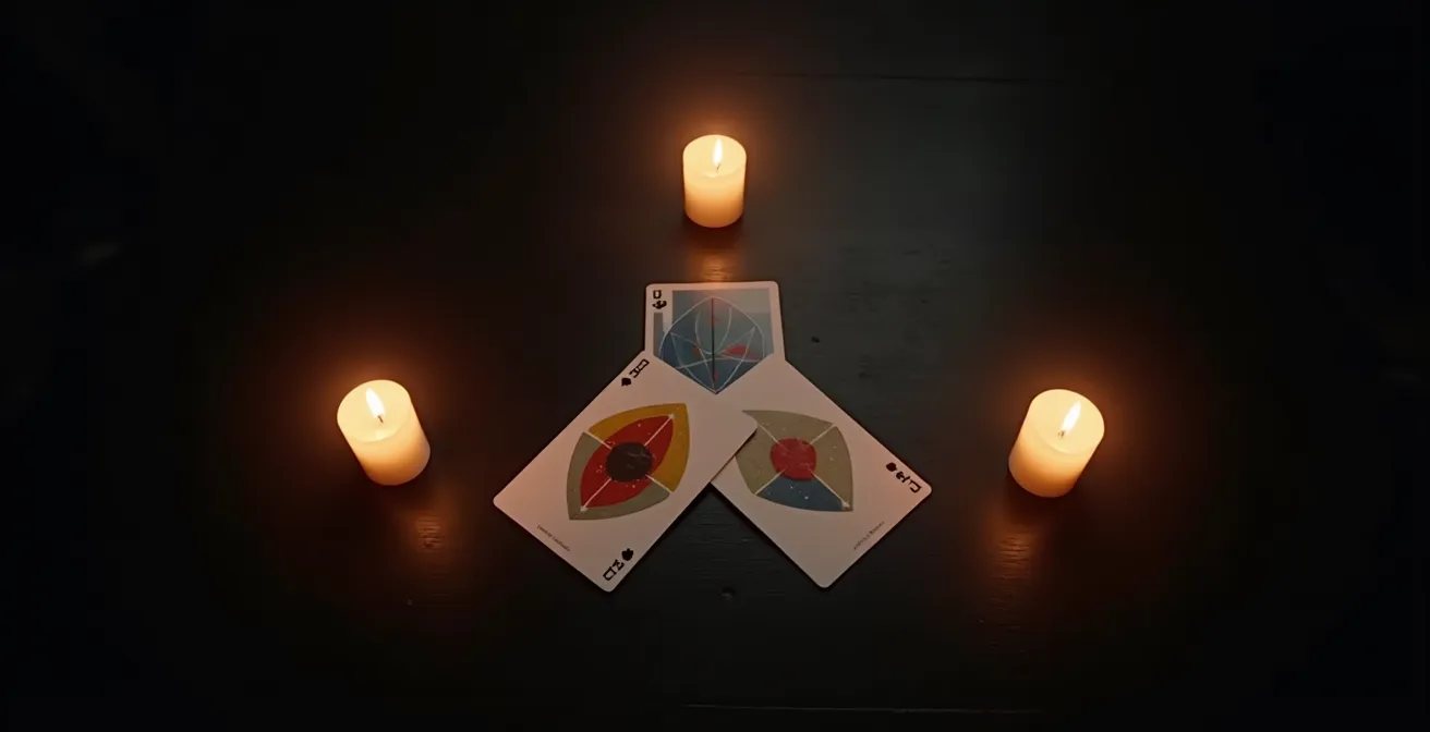 Vista aerea di carte disposte a forma di V su tavolo scuro con candele agli angoli