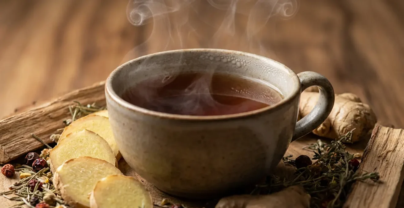 Tazza fumante di tè alle radici con ingredienti naturali disposti in armonia