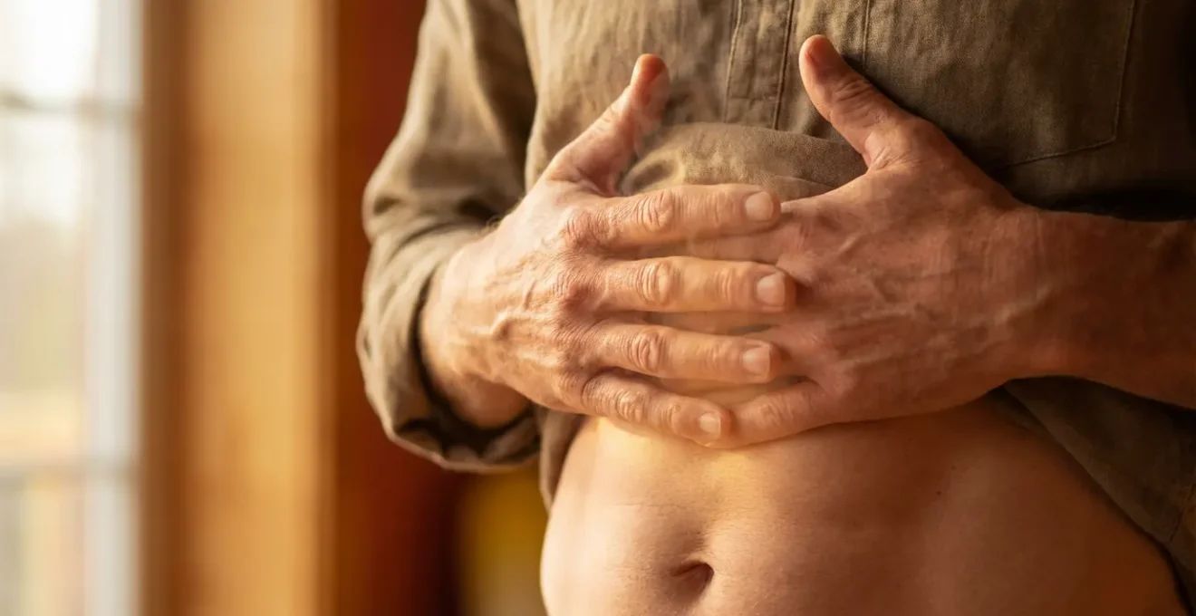 Primo piano mani riscaldate posizionate sul plesso solare con energia dorata