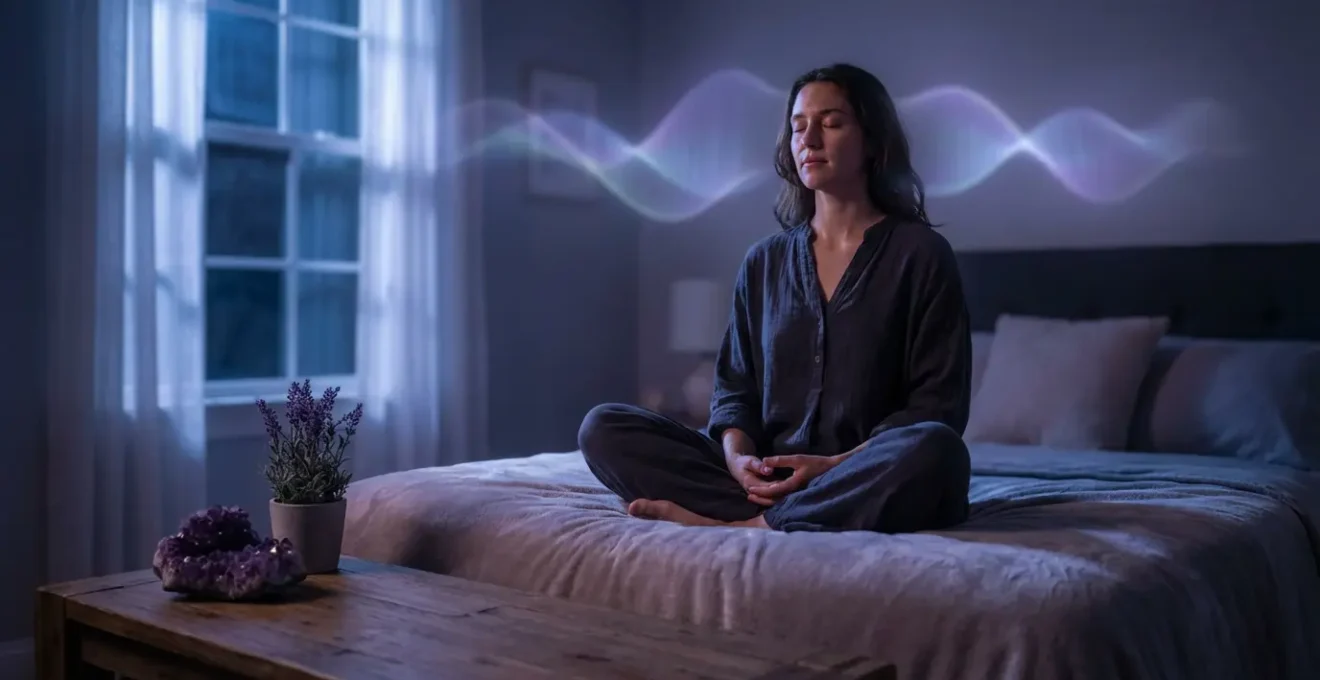Persona serena in meditazione sotto una luce lunare viola, circondataprecedentemente da cristalli di ametista