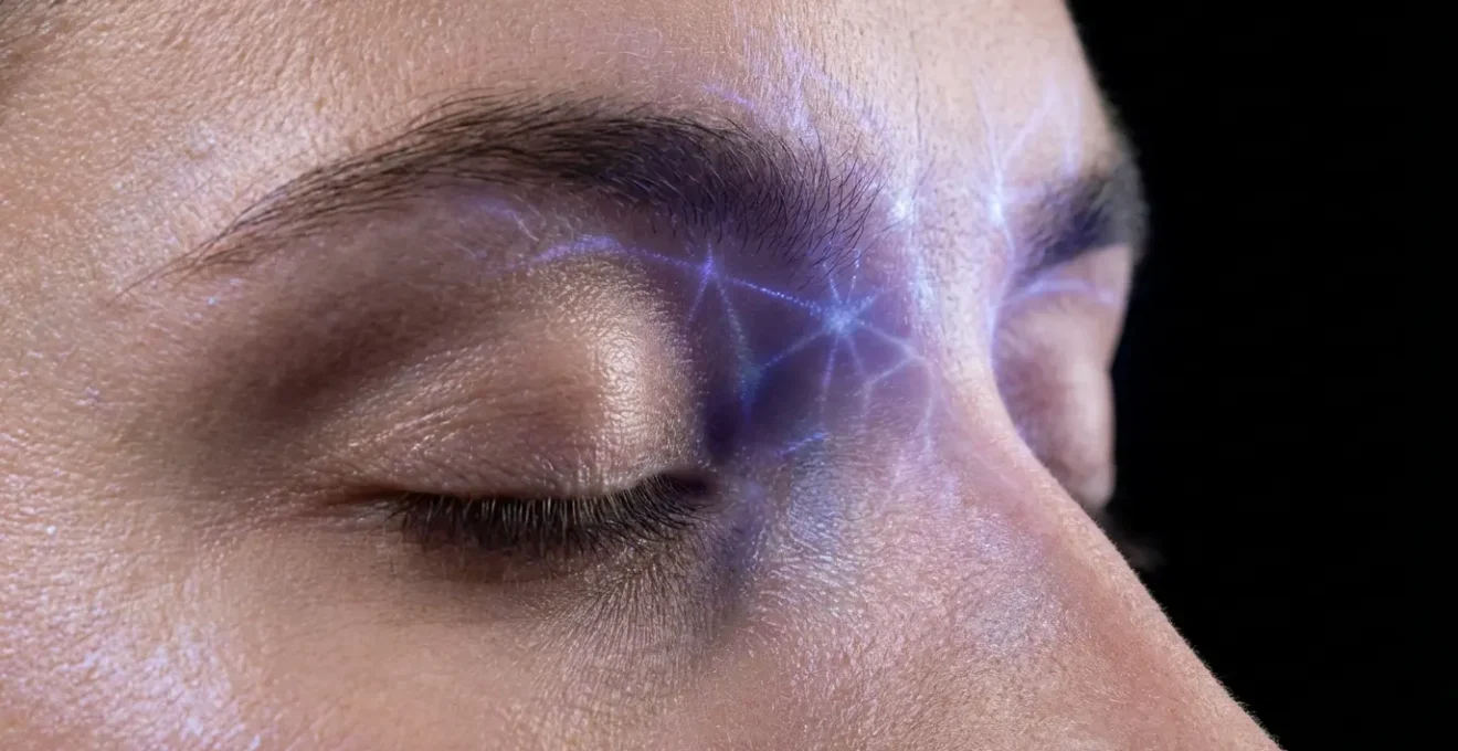 Profilo di persona in meditazione con punto luminoso tra le sopracciglia che irradia pattern geometrici sottili