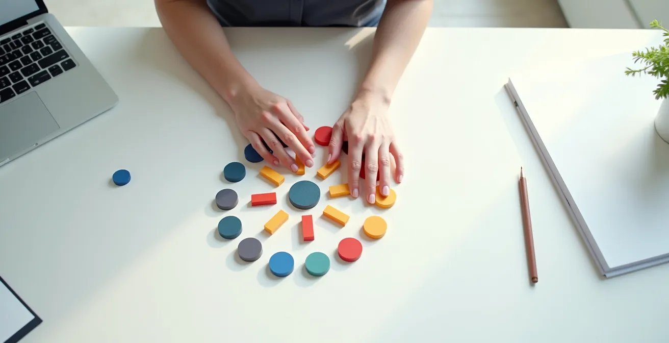 Professionista che riorganizza documenti astratti in pattern creativi su scrivania minimalista