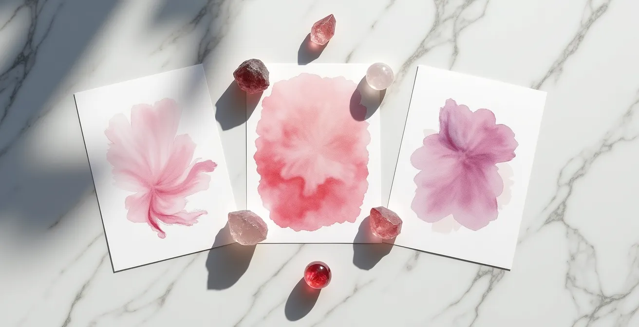 Vista dall'alto di tre carte disposte a triangolo su superficie di marmo con cristalli di quarzo rosa
