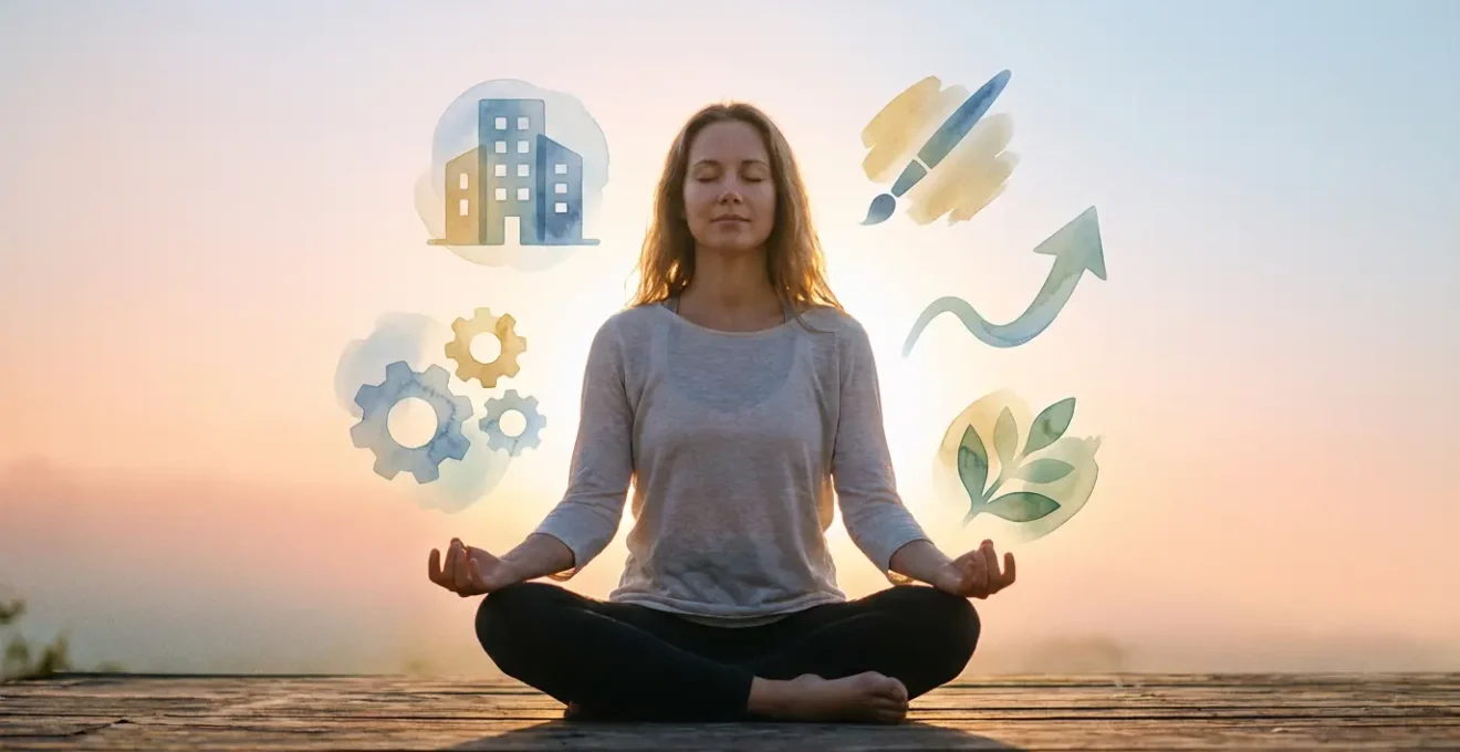 Persona che medita circondato da visioni oniriche del proprio futuro lavorativo ideale