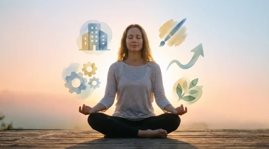 Persona che medita circondato da visioni oniriche del proprio futuro lavorativo ideale