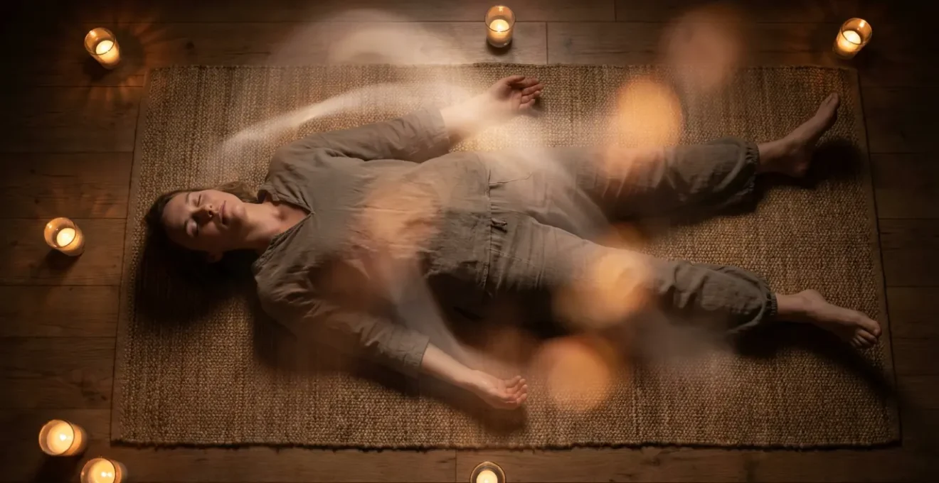 Persona in Shavasana durante una sessione di Yoga Nidra con visualizzazione energetica dei chakra